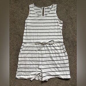 Striped White & Black Tank Romper with Drawstring - Womens one piece